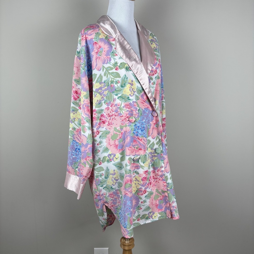 Victorias Secret Gold Label Robe Womens Medium Pink Satin Floral Double Breasted - Picture 4 of 12